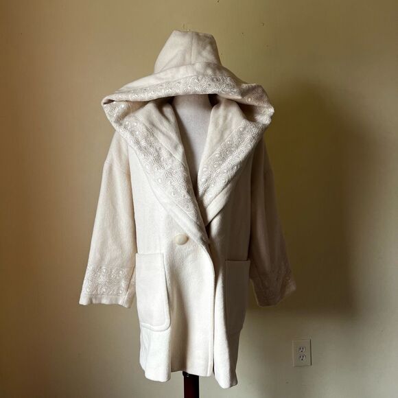 Vintage 90s Express Wool Blend Coat Cream Embroidered Hooded Oversized Jacket XS - Picture 1 of 11